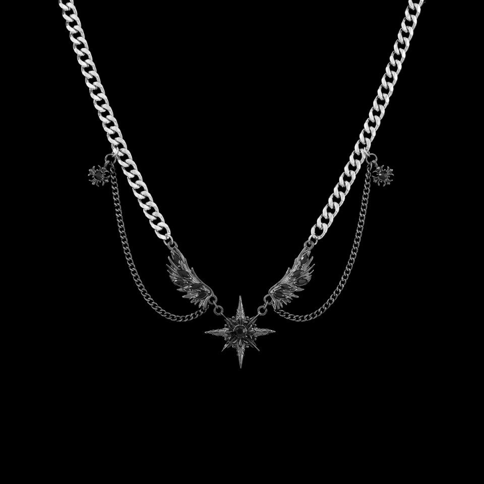 Hellstar gothic stainless steel necklace on a black background