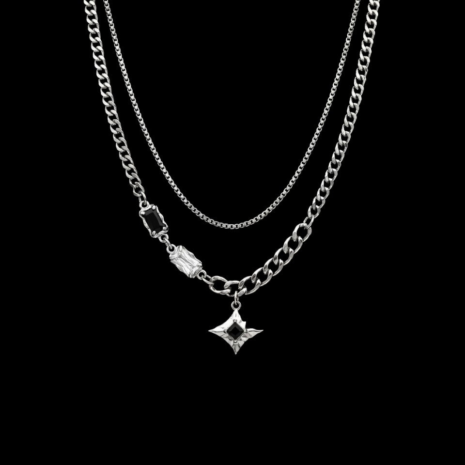 Sable layered black stainless steel necklace on a black background