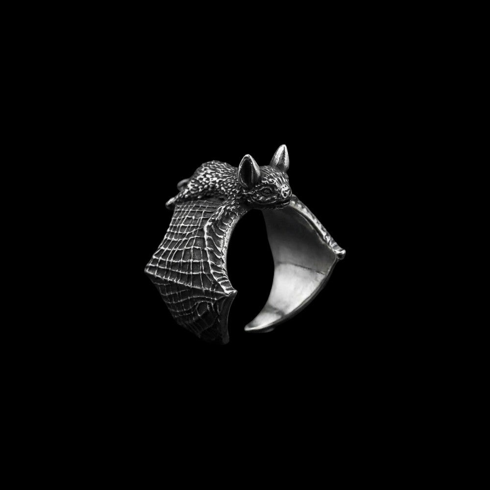 Bat stainless steel ring on a black background