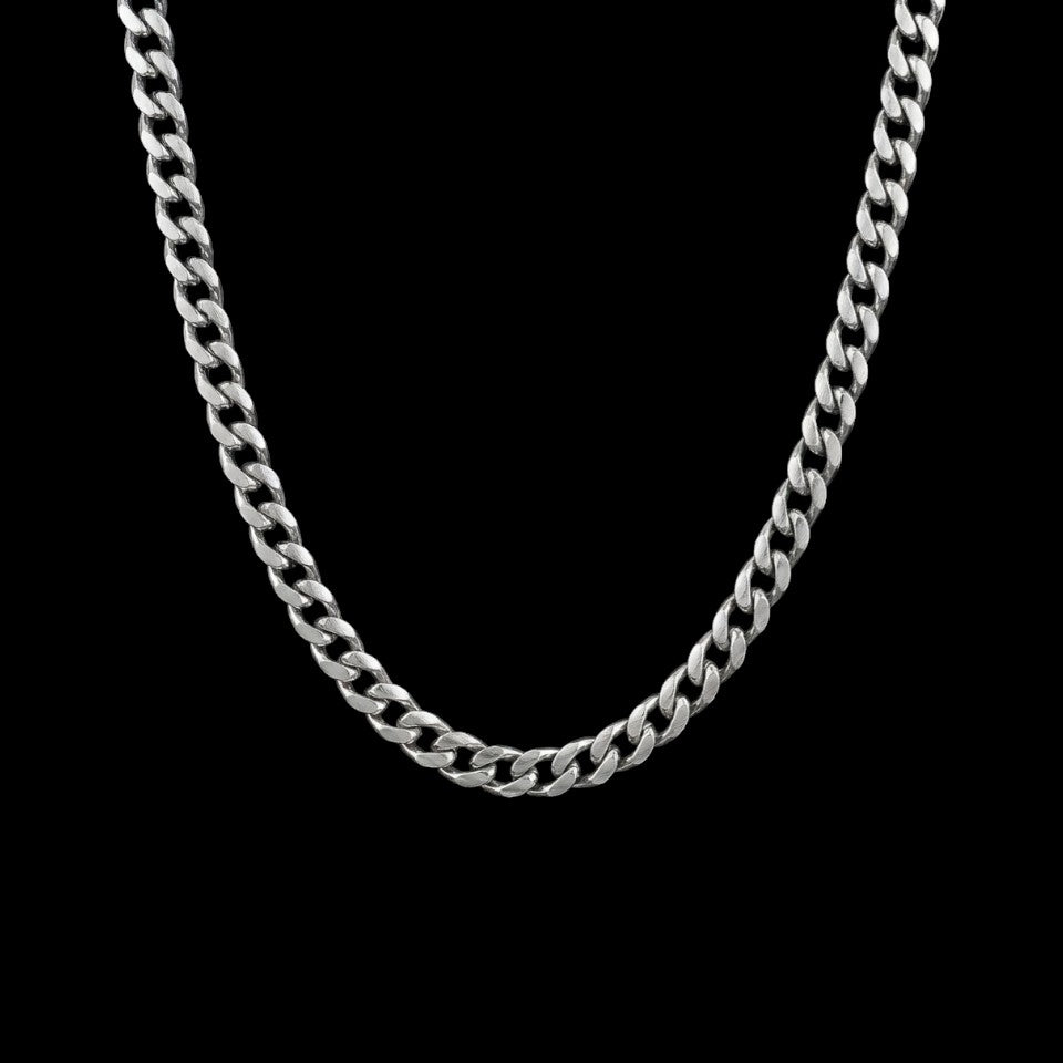 6mm Cuban link stainless steel chain necklace on a black background