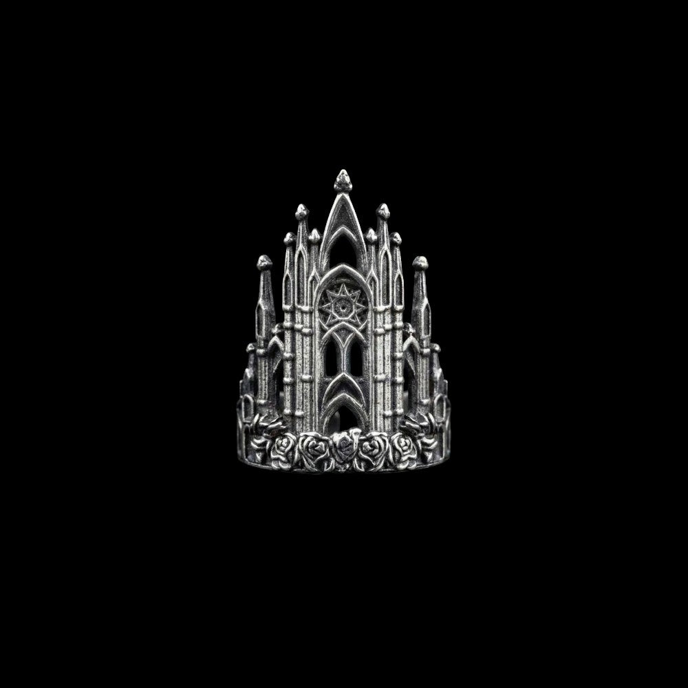 Black Faith gothic stainless steel ring on a black background