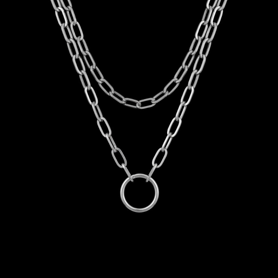 Layered O-chain stainless steel necklace on a black background