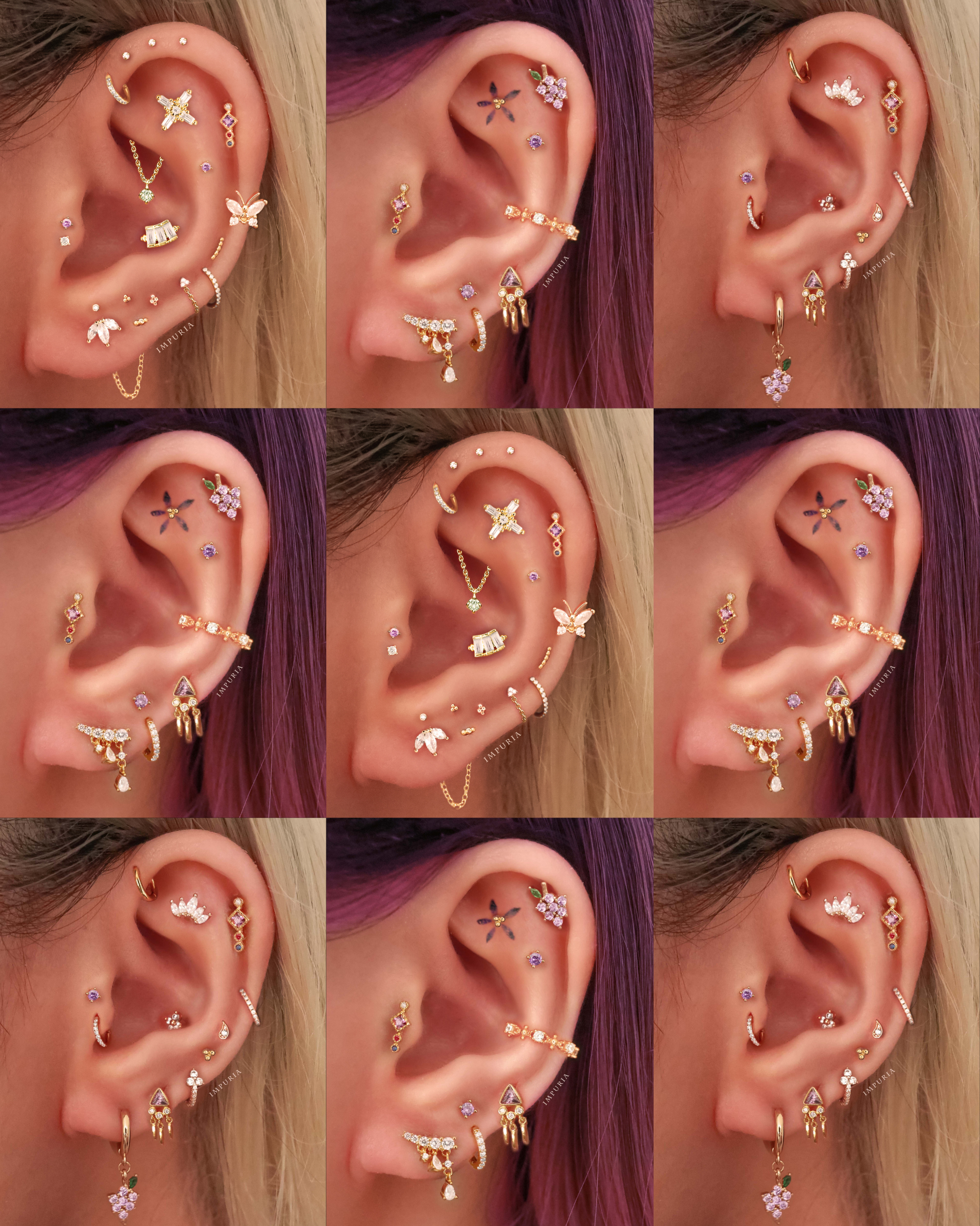 Lavendaire Geometric Purple Crystal Ear Piercing Earring Stud Set