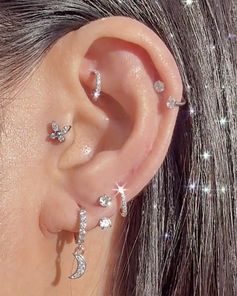 Sparkle Crystal Prong Polished Horseshoe Hoop Ring