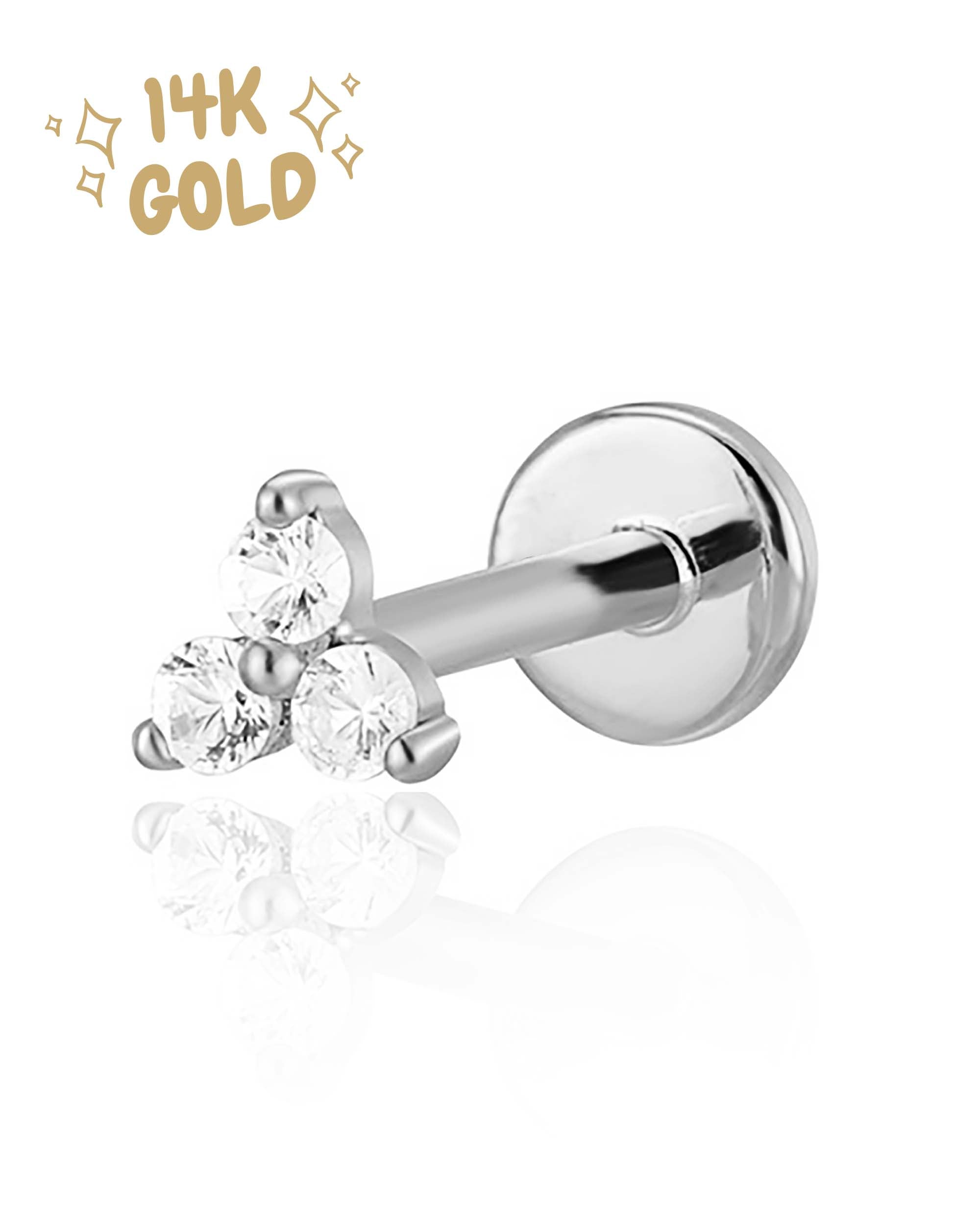 Trine Triple Crystal Threaded 14K Gold Earring Stud