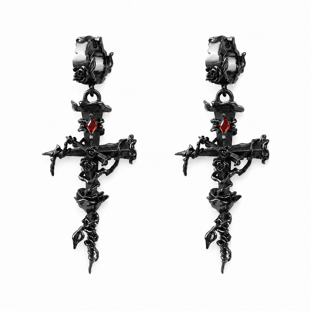 Thorned Rose Gothic Cross Earrings with red cubic zirconia – styling view