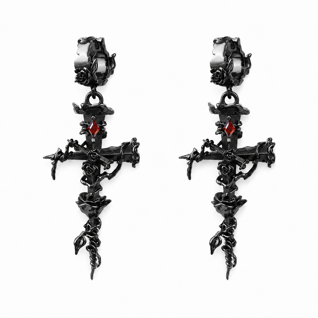 Thorned Rose Gothic Cross Earrings with red cubic zirconia – styling view
