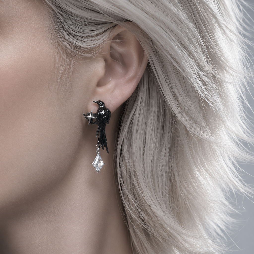 Omen Raven Black Drop Earrings with faceted stone – styling view
