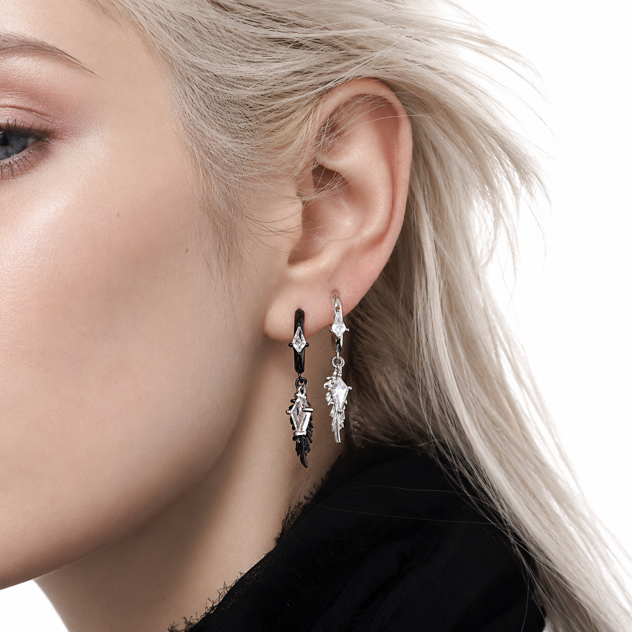 Fallen Feather Hoop Drop Earrings – styling view