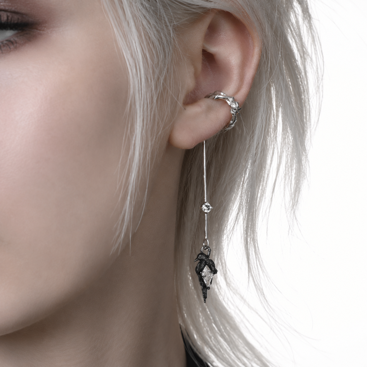 Raven Relic Long Clip-On Earrings – styling view
