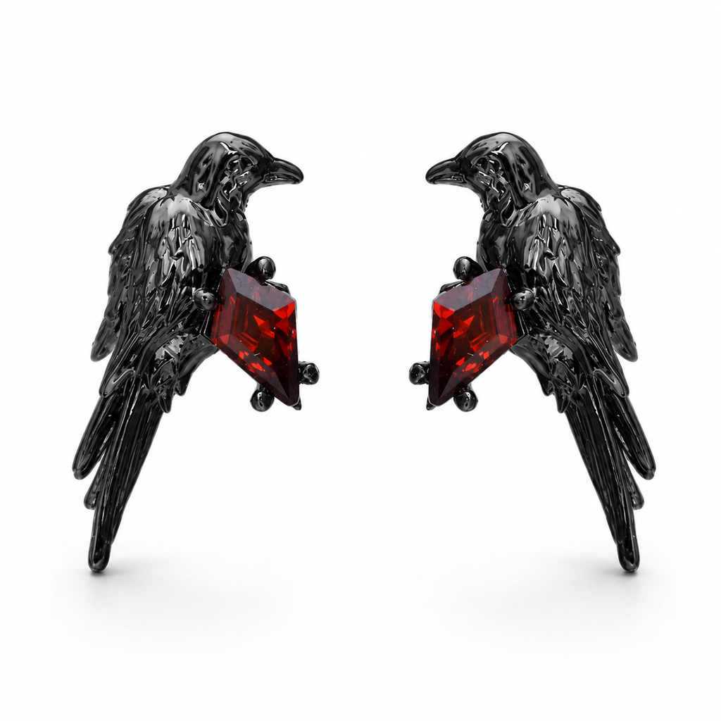 Crimson Raven 925 Sterling Silver Earrings with red stone – Black variant