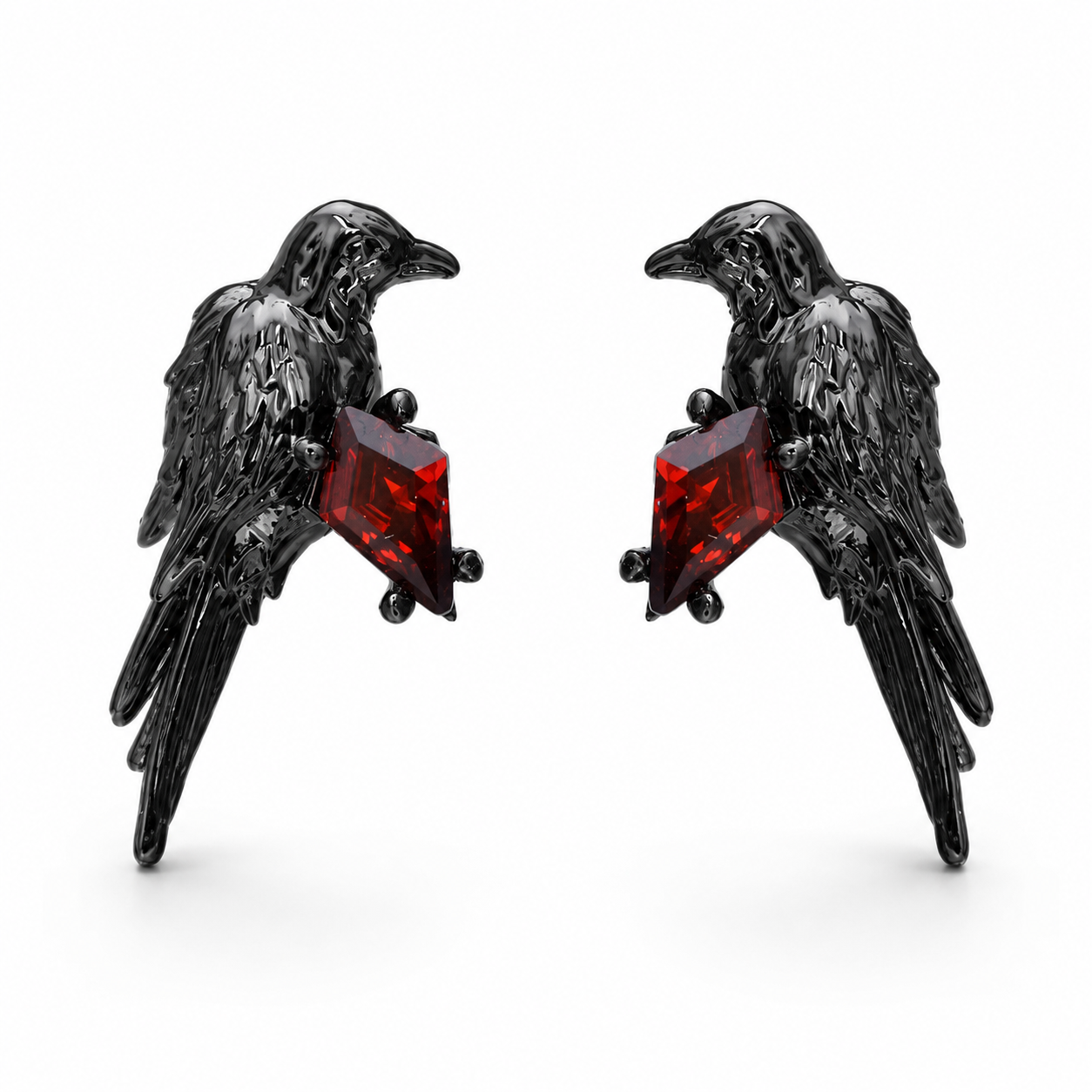 Crimson Raven 925 Sterling Silver Earrings with red stone – Black variant
