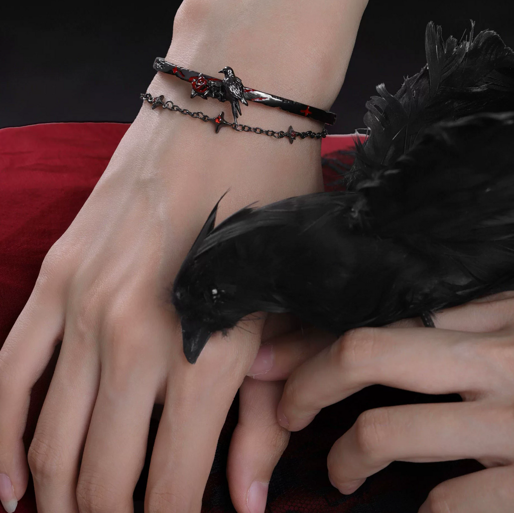 Raven Rose Black Cuff Bracelet with crimson rose – detail view