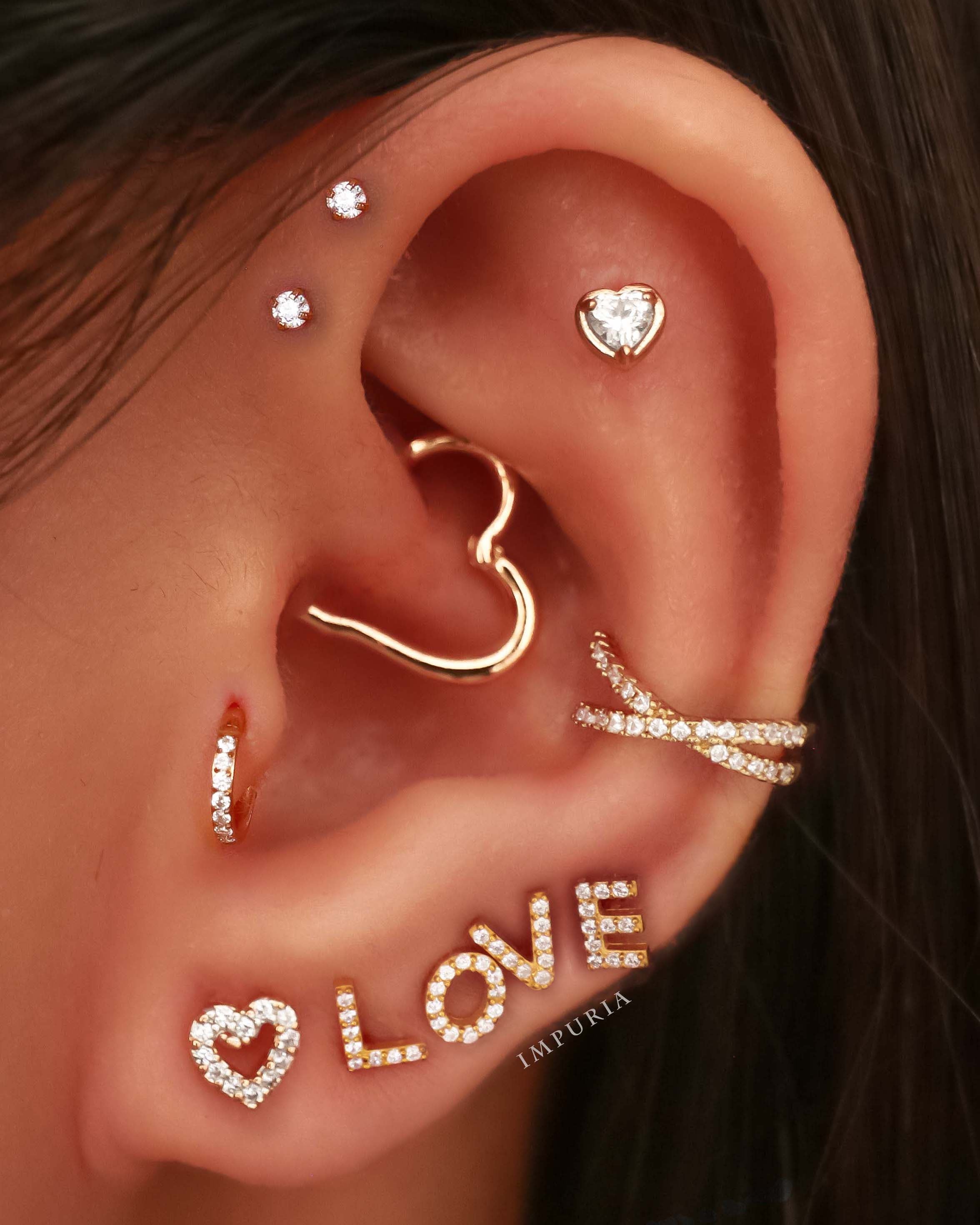 Love Crystal Heart Threaded 14K Gold Earring Stud