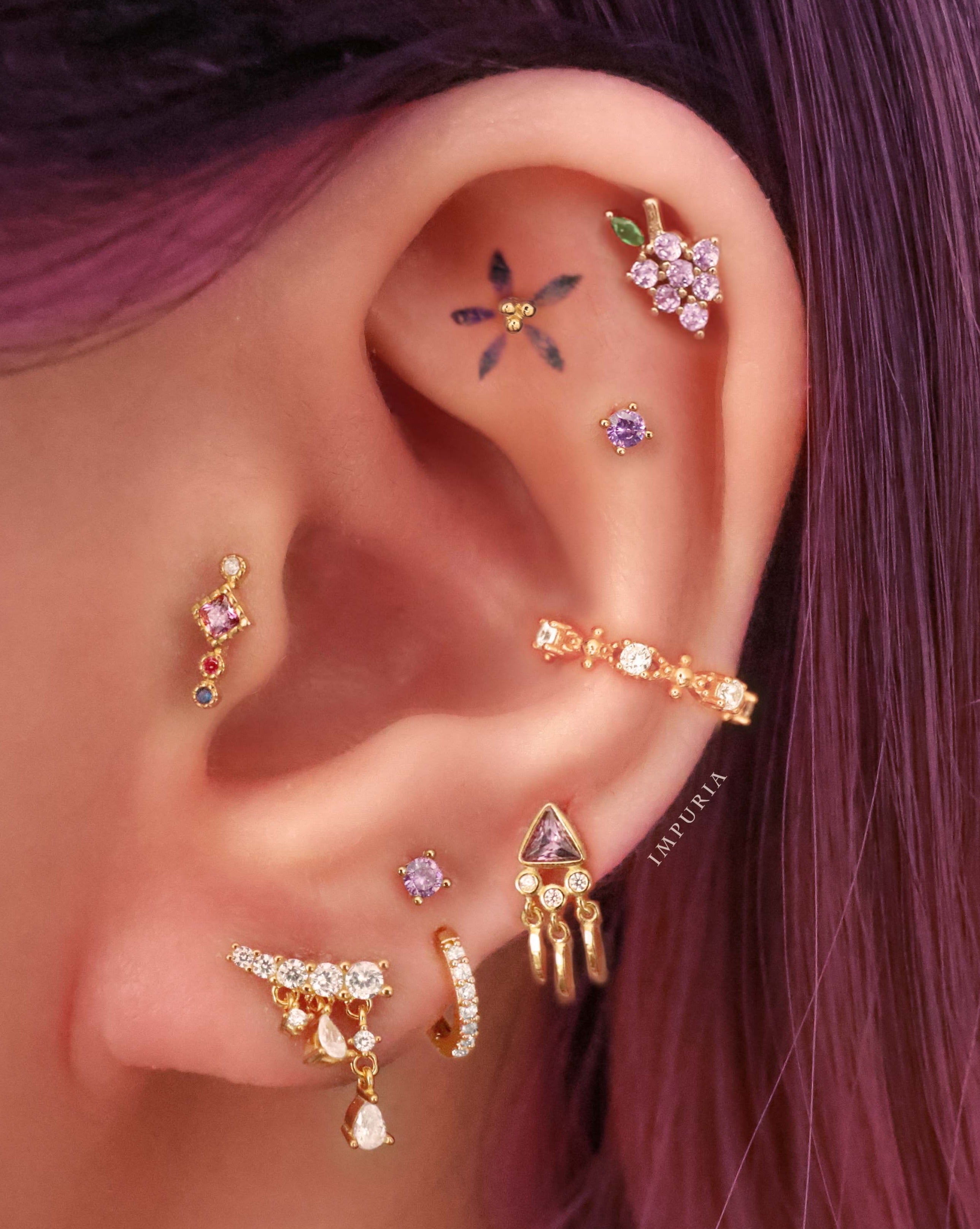 Lavendaire Geometric Purple Crystal Ear Piercing Earring Stud Set