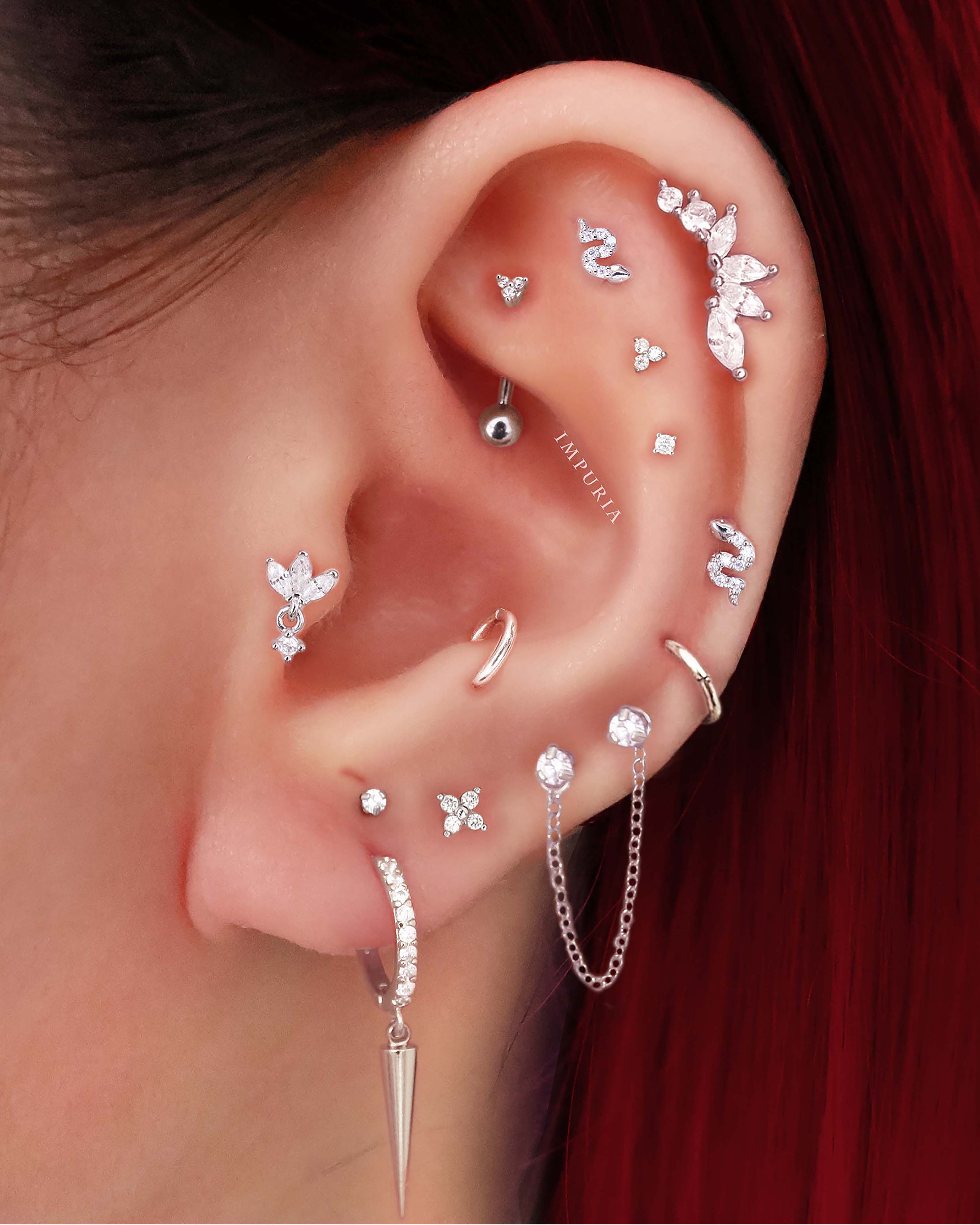 Gemini Chain Double Crystal Threaded Prong Ear Piercing Earring Stud Set