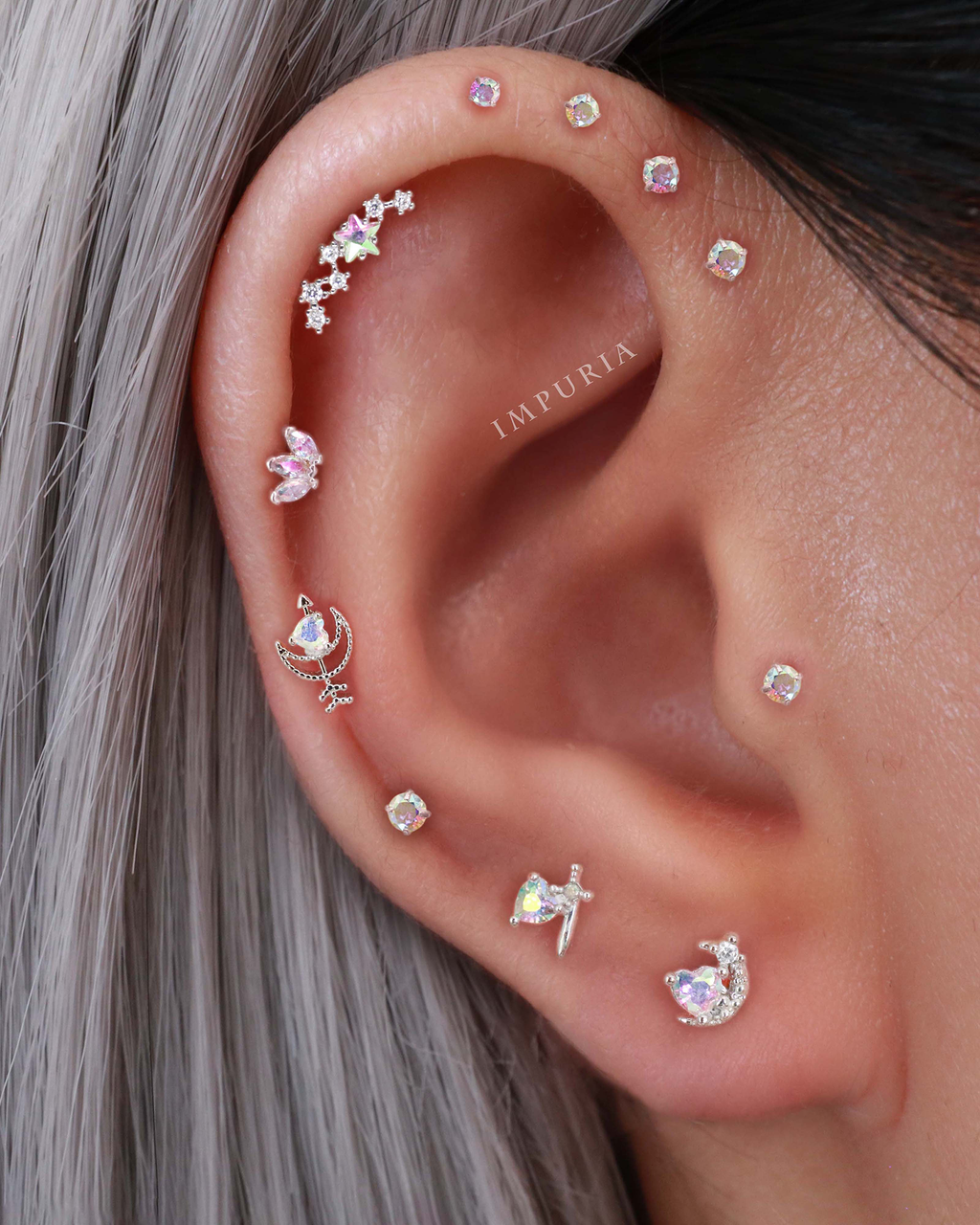 Galaxia Moon Aurora Borealis Heart Crystal Ear Piercing Earring Stud