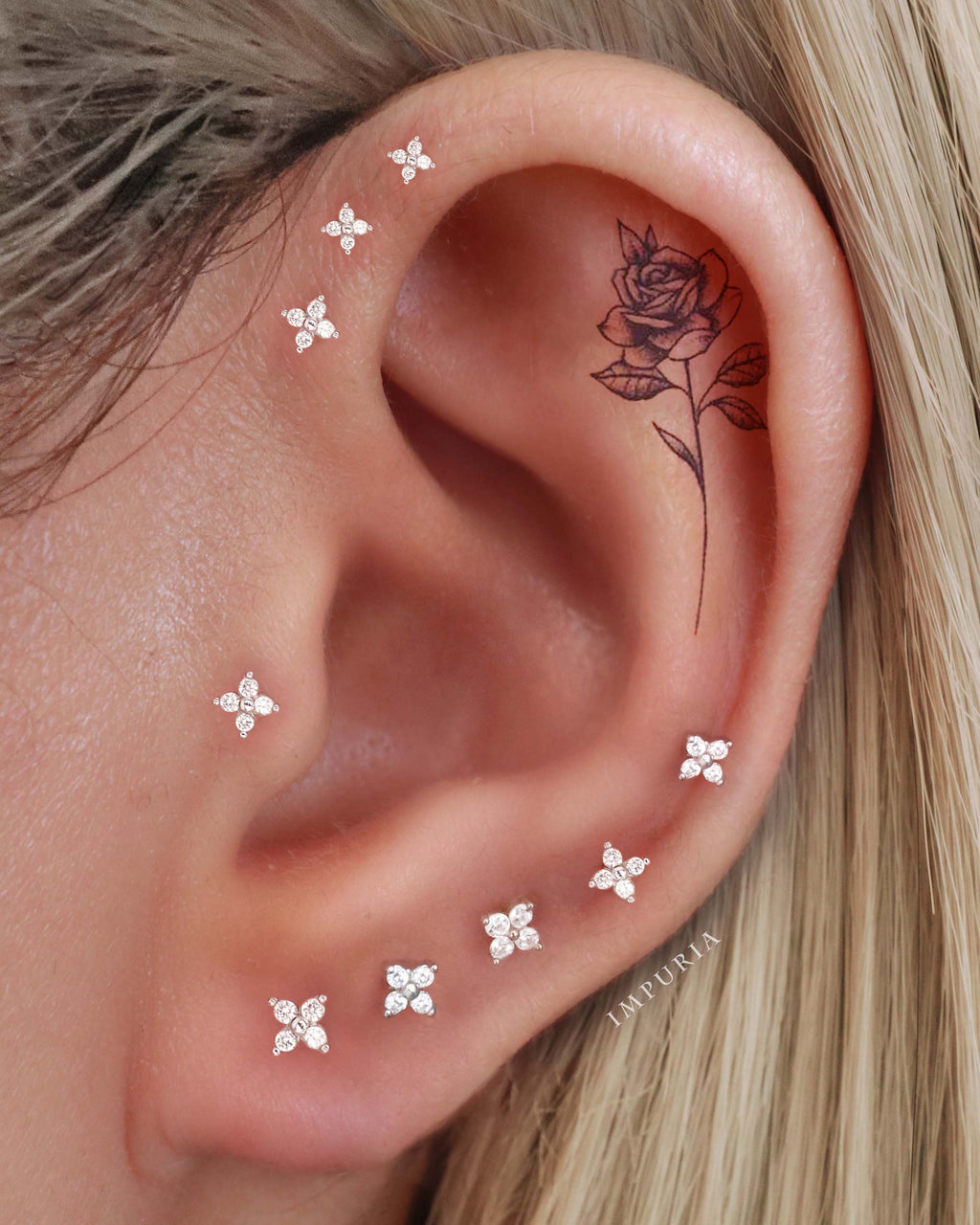 Clover Crystal Lotus Ear Piercing Earring Stud