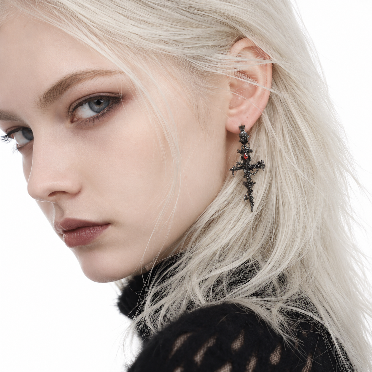 Thorned Rose Gothic Cross Earrings with red cubic zirconia – styling view