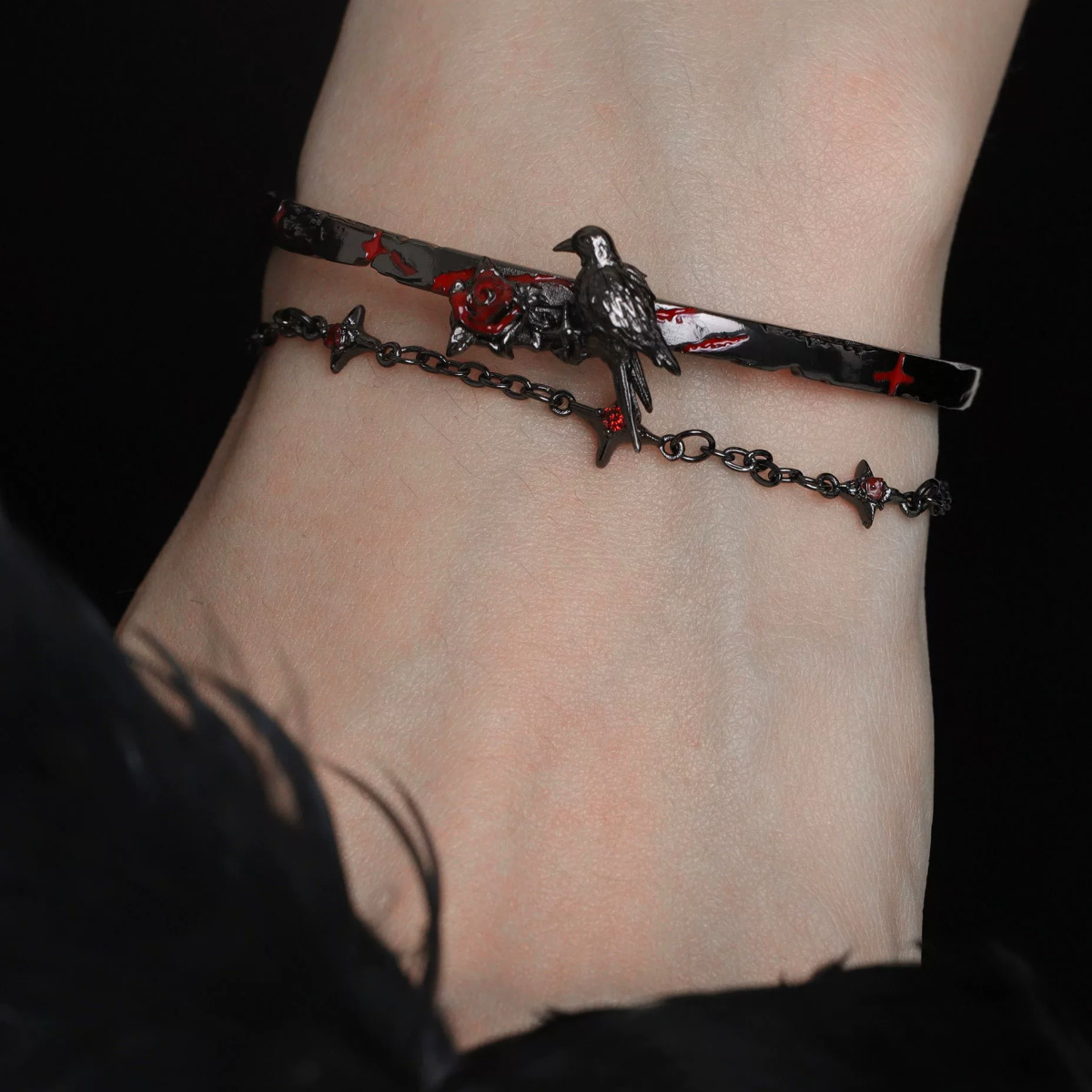 Raven Rose Black Cuff Bracelet with crimson rose – styling view