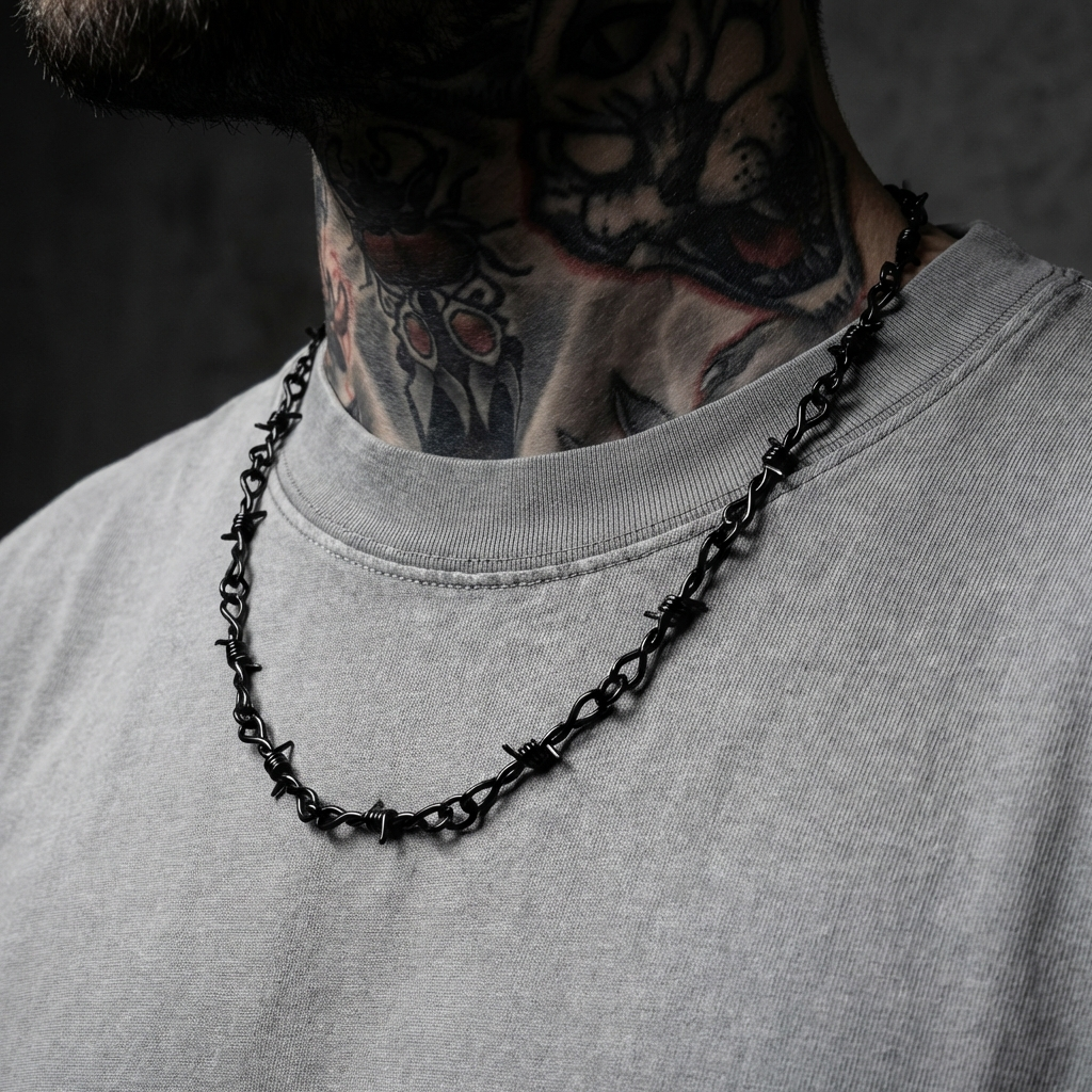 Black barbed wire stainless steel necklace on a black background