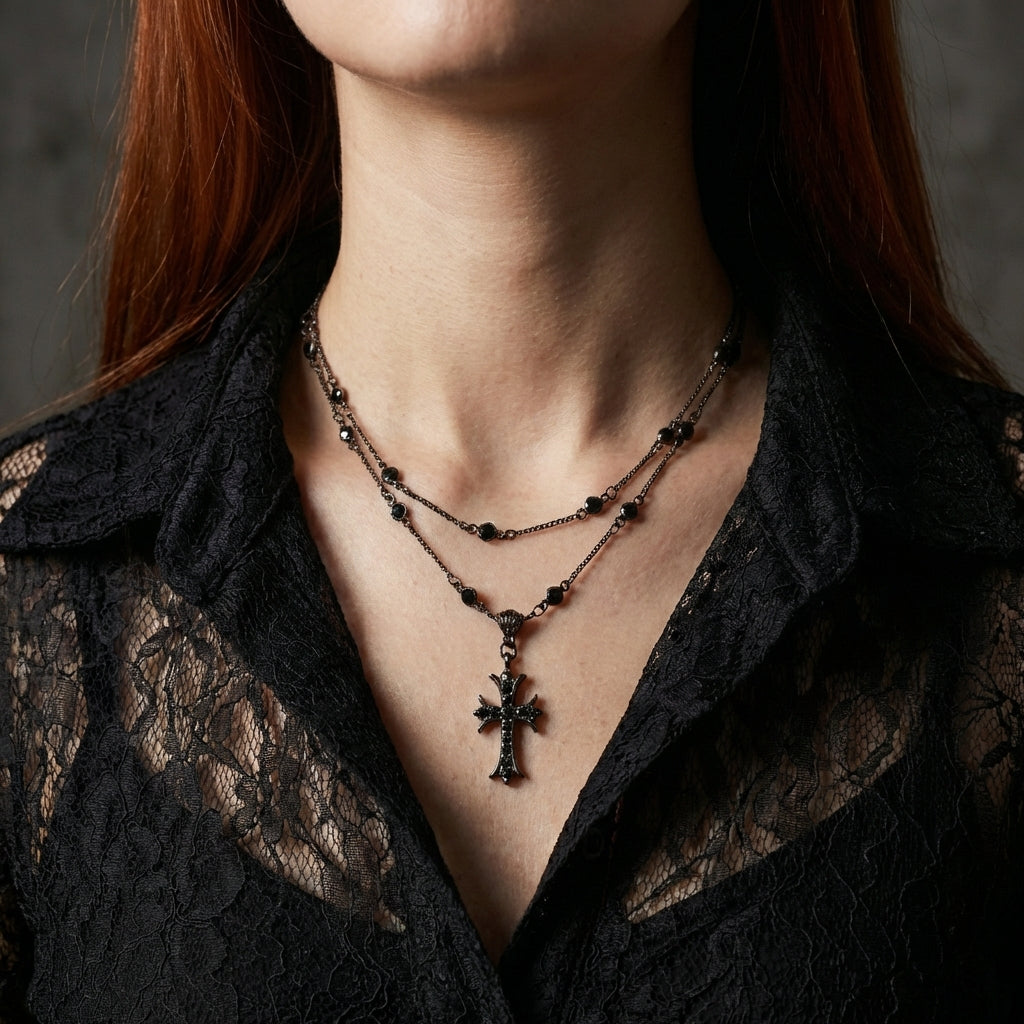 Onyx Cross Stainless Steel Necklace