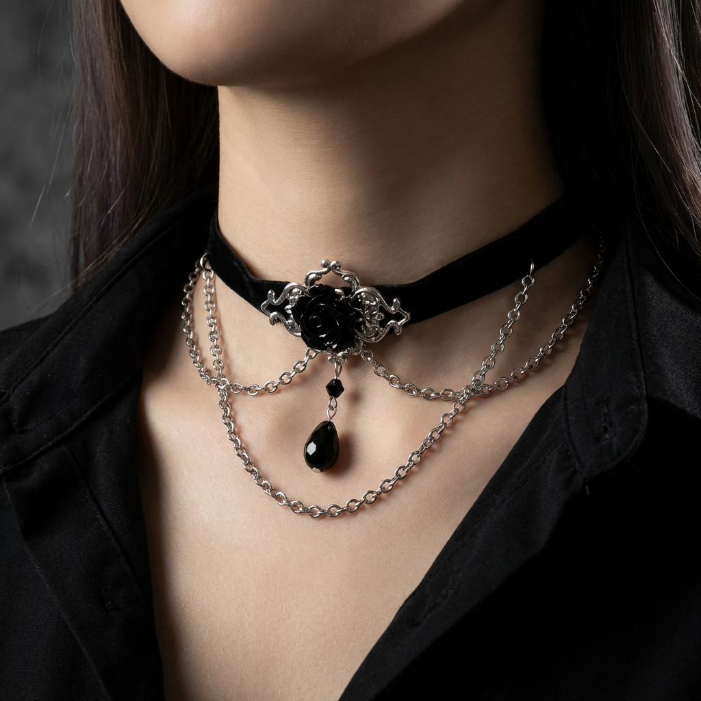 Black rose velvet gothic choker on a black background