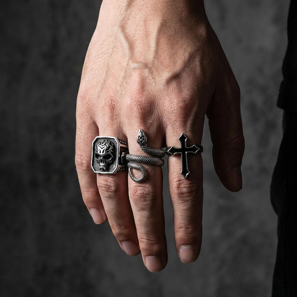Obsidian Crucifix Stainless Steel Ring