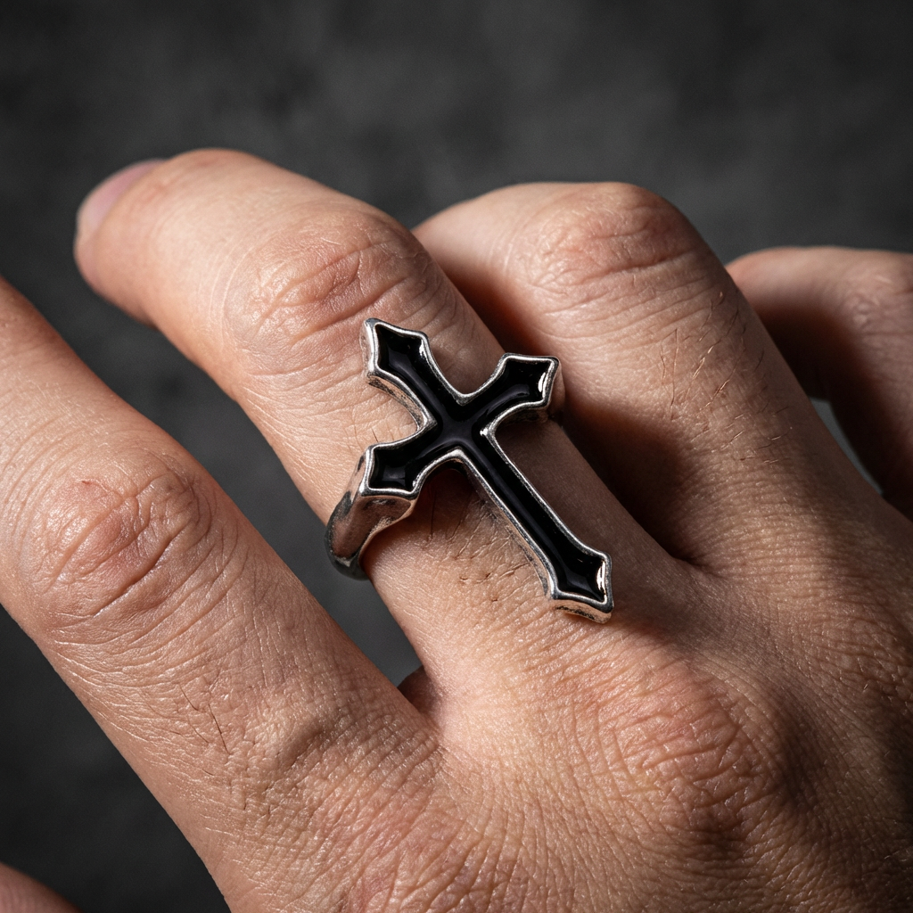 Obsidian Crucifix Stainless Steel Ring