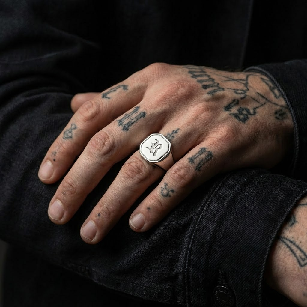 Custom Hex Signet Ring in Stainless Steel