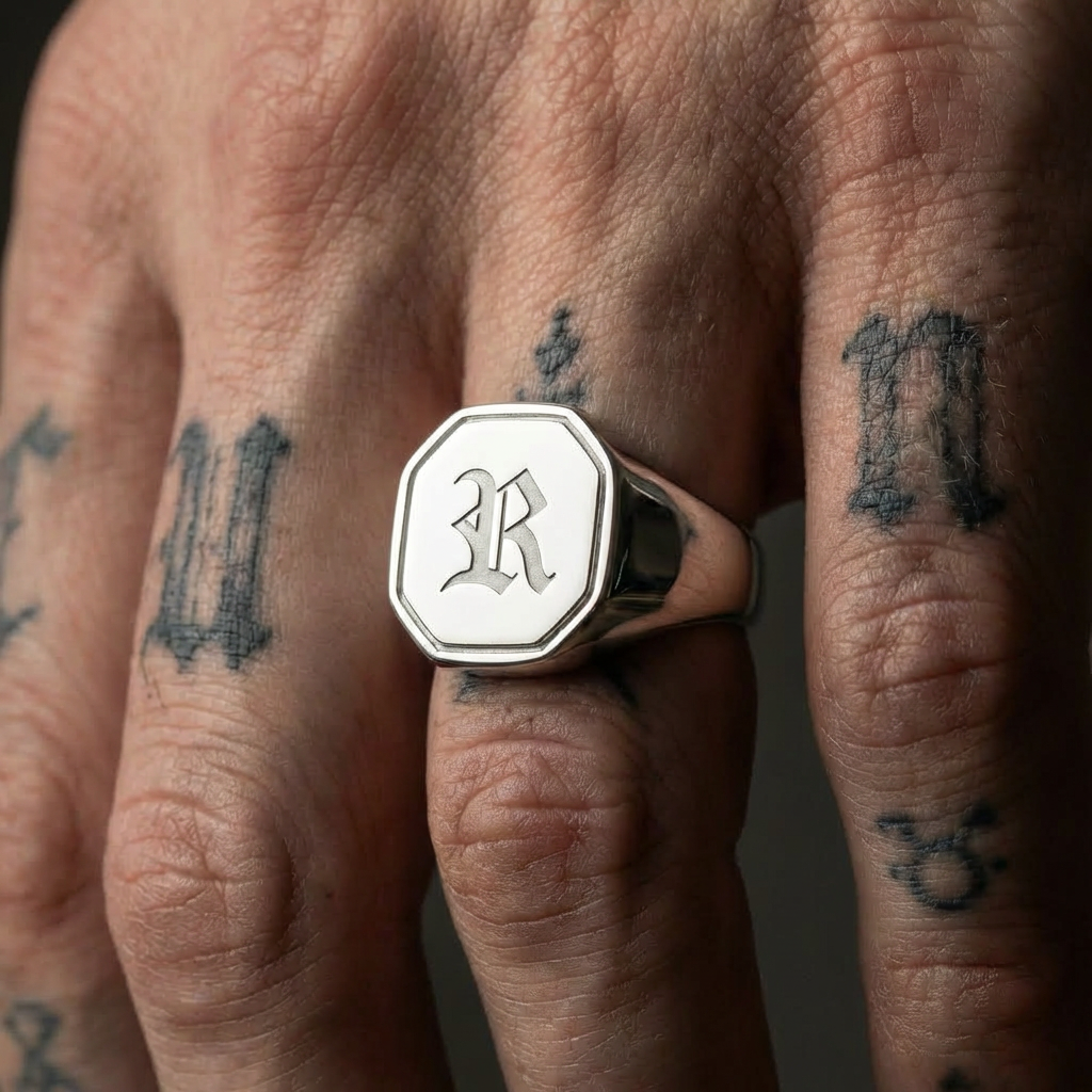 Custom Hex Signet Ring in Stainless Steel