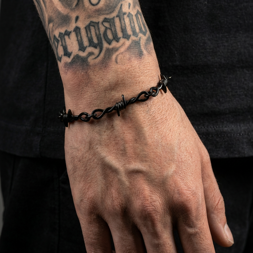 Black barbed wire stainless steel bracelet on a black background