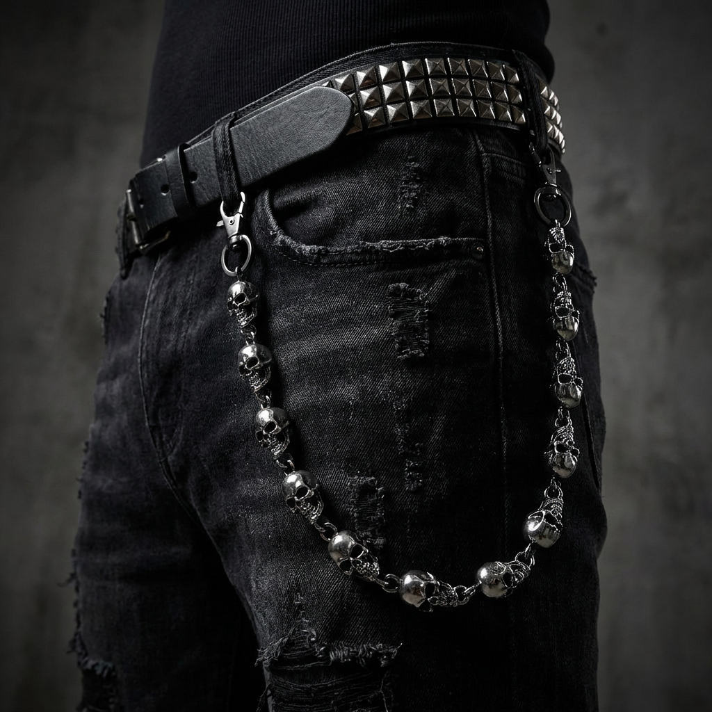 Skull stainless steel belt chain on a black background