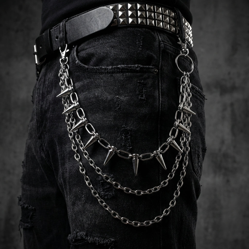 Spike stainless steel belt chain on a black background