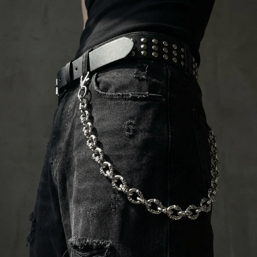 Deadweight stainless steel belt chain on a black background