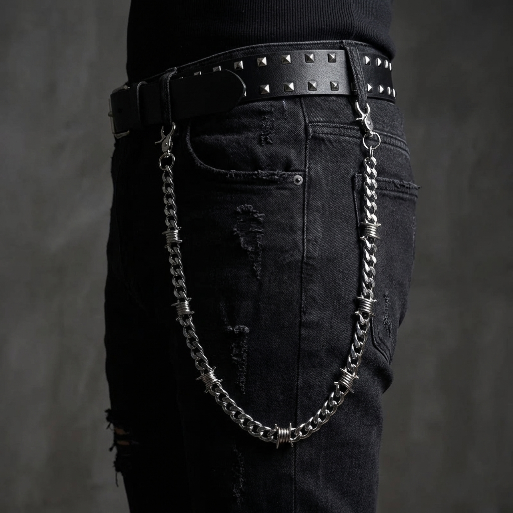 Barbed Cuban link stainless steel belt chain on a black background