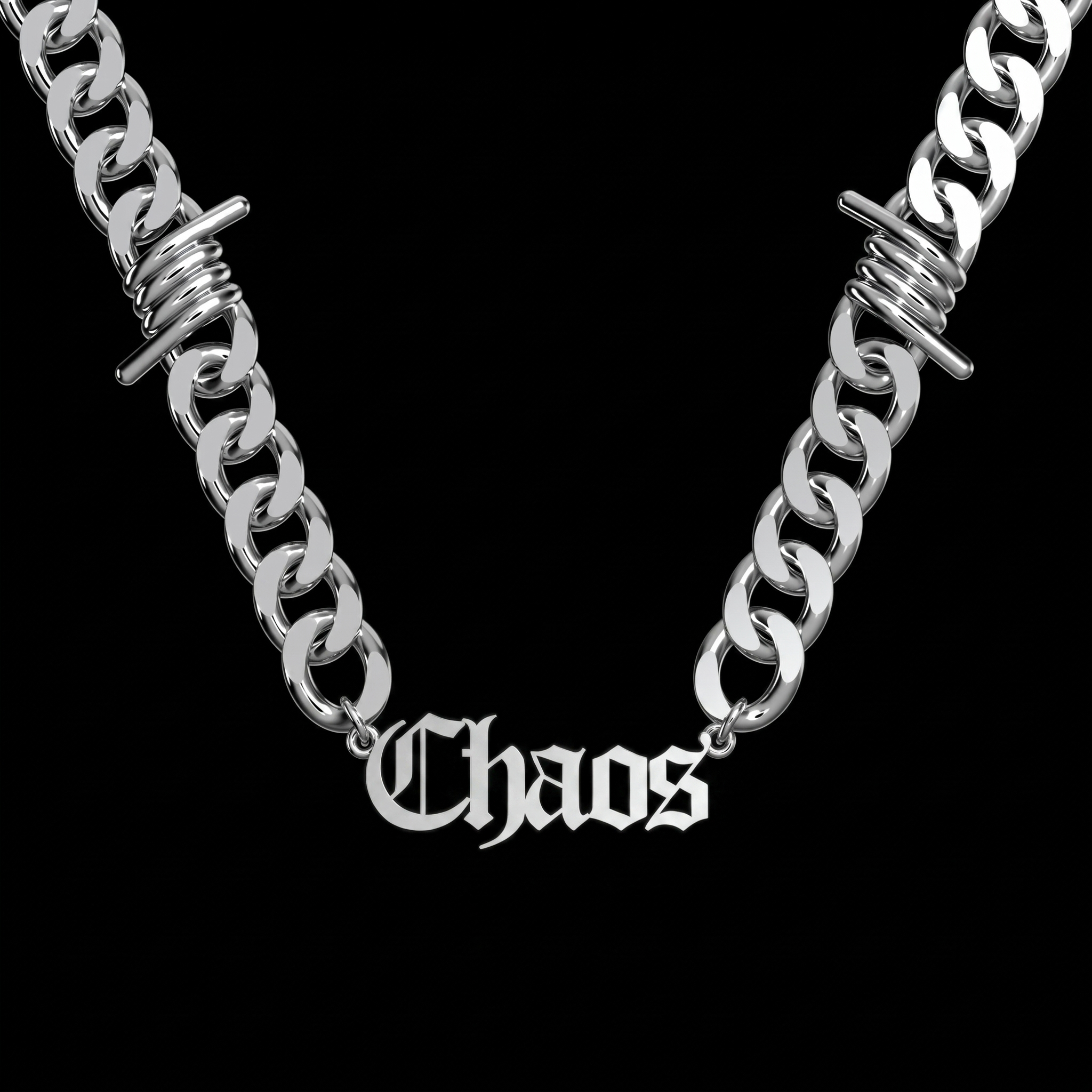 Custom barbed Cuban link stainless steel name chain on a black background