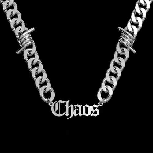 Custom barbed Cuban link stainless steel name chain on a black background