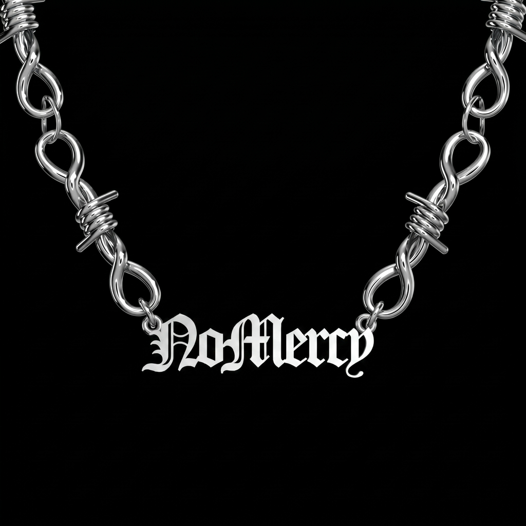 Custom barbed wire stainless steel name bracelet on a black background