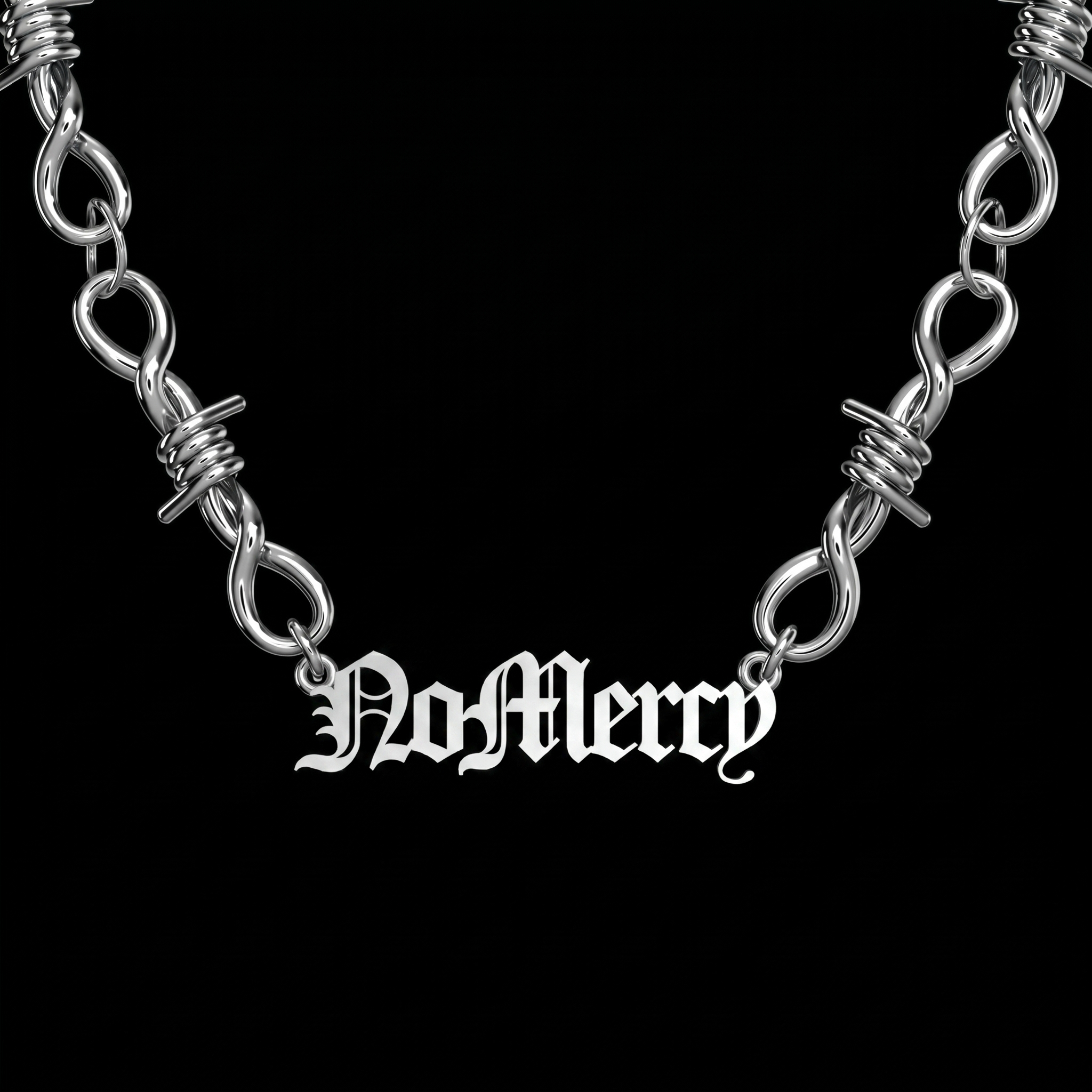 Custom barbed wire stainless steel name bracelet on a black background