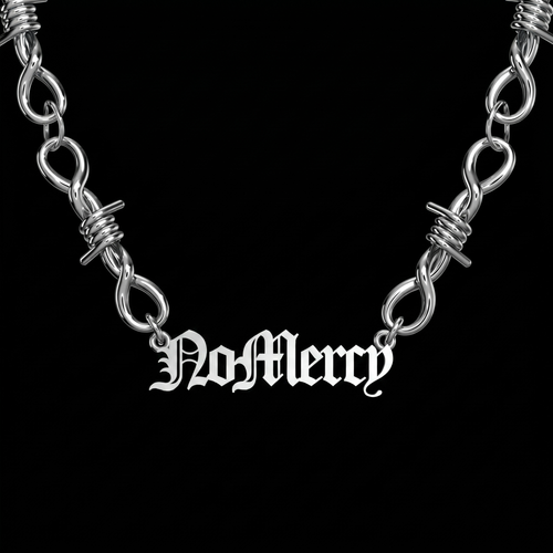 Custom barbed wire stainless steel name bracelet on a black background