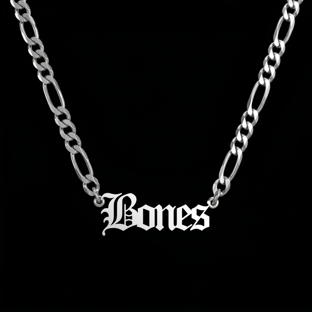 Custom Old English stainless steel name necklace on a black background