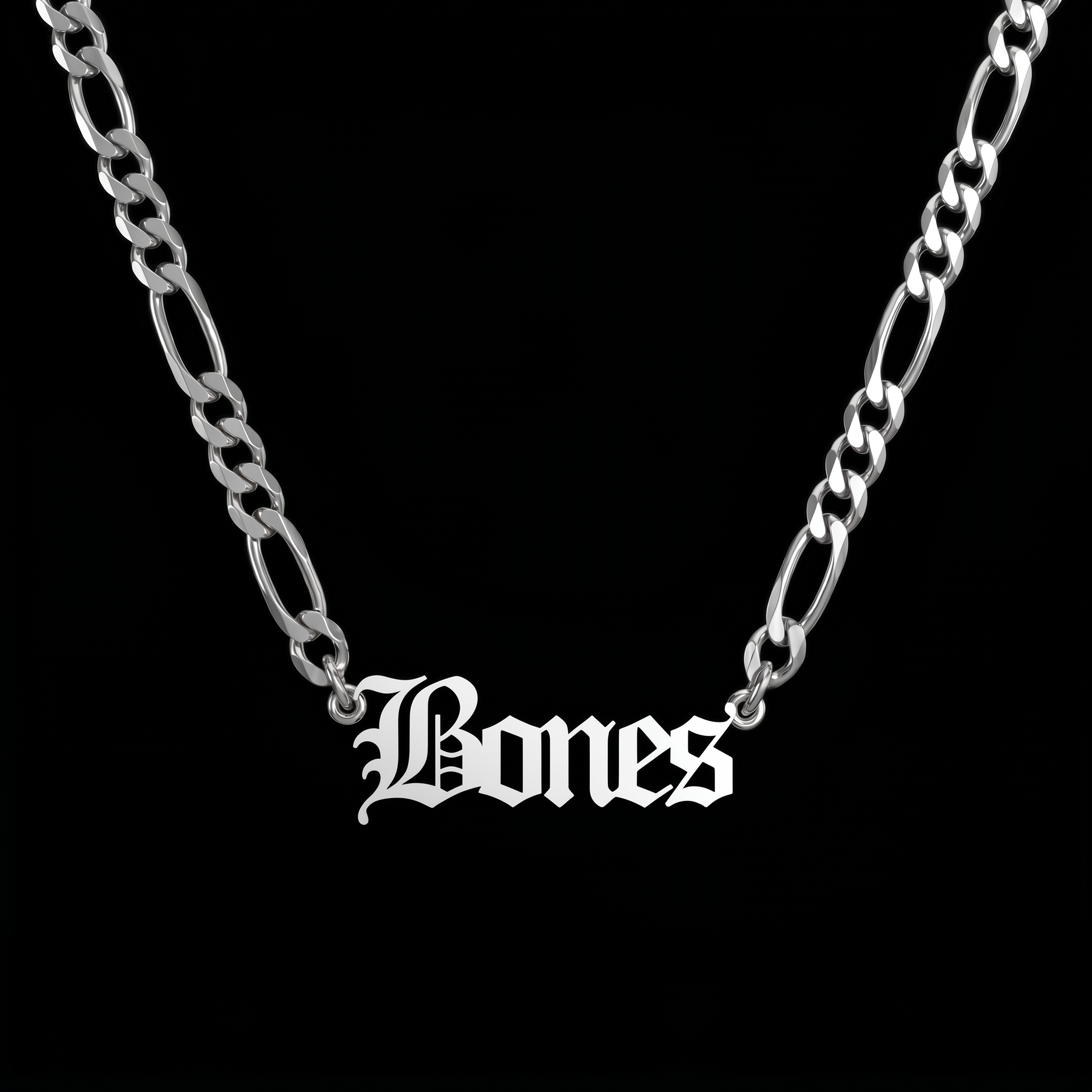 Custom Old English stainless steel name necklace on a black background