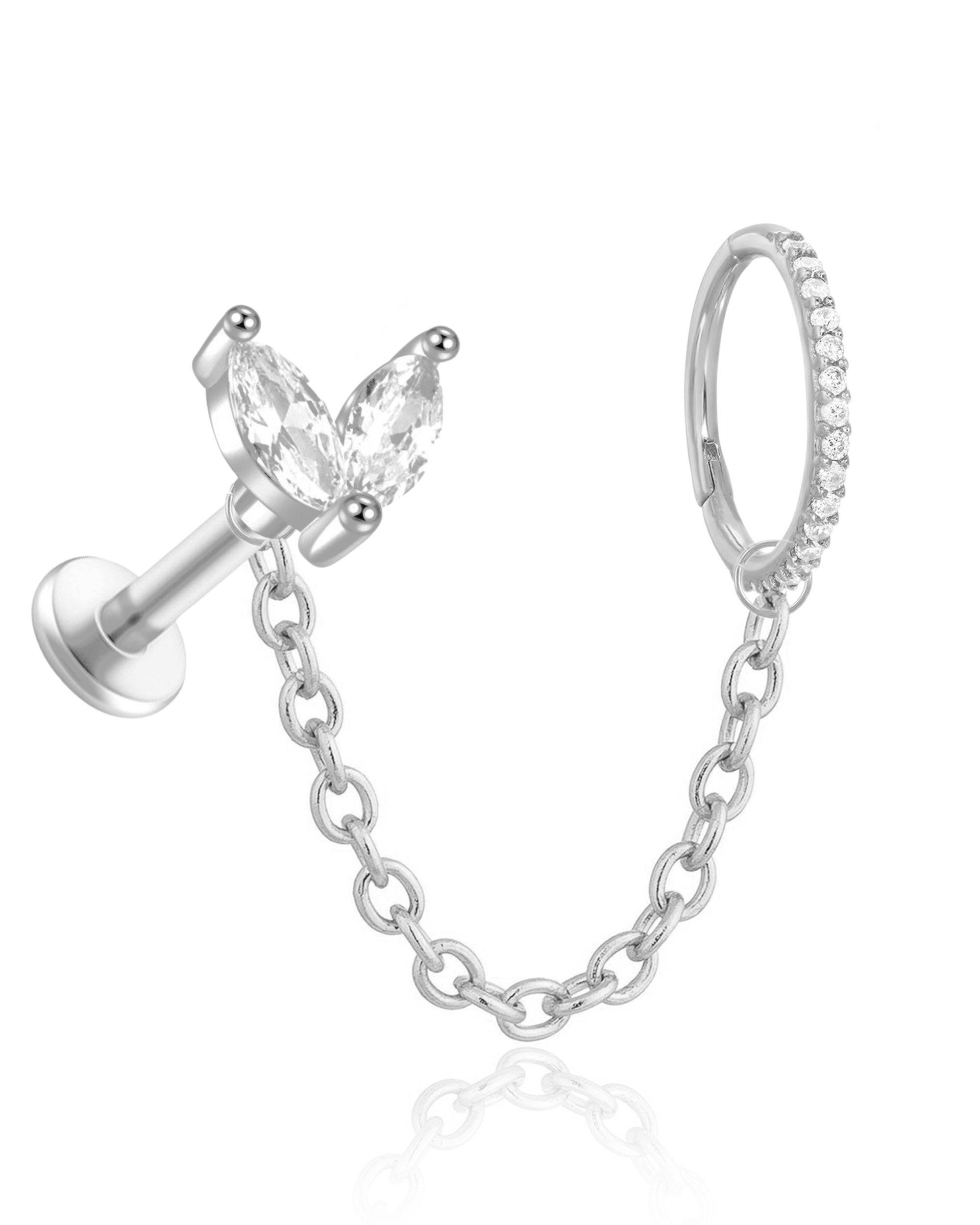 Ina Chain Lotus Stud Crystal Hinged Segment Hoop Ring Clicker Ear Piercing Earring Set